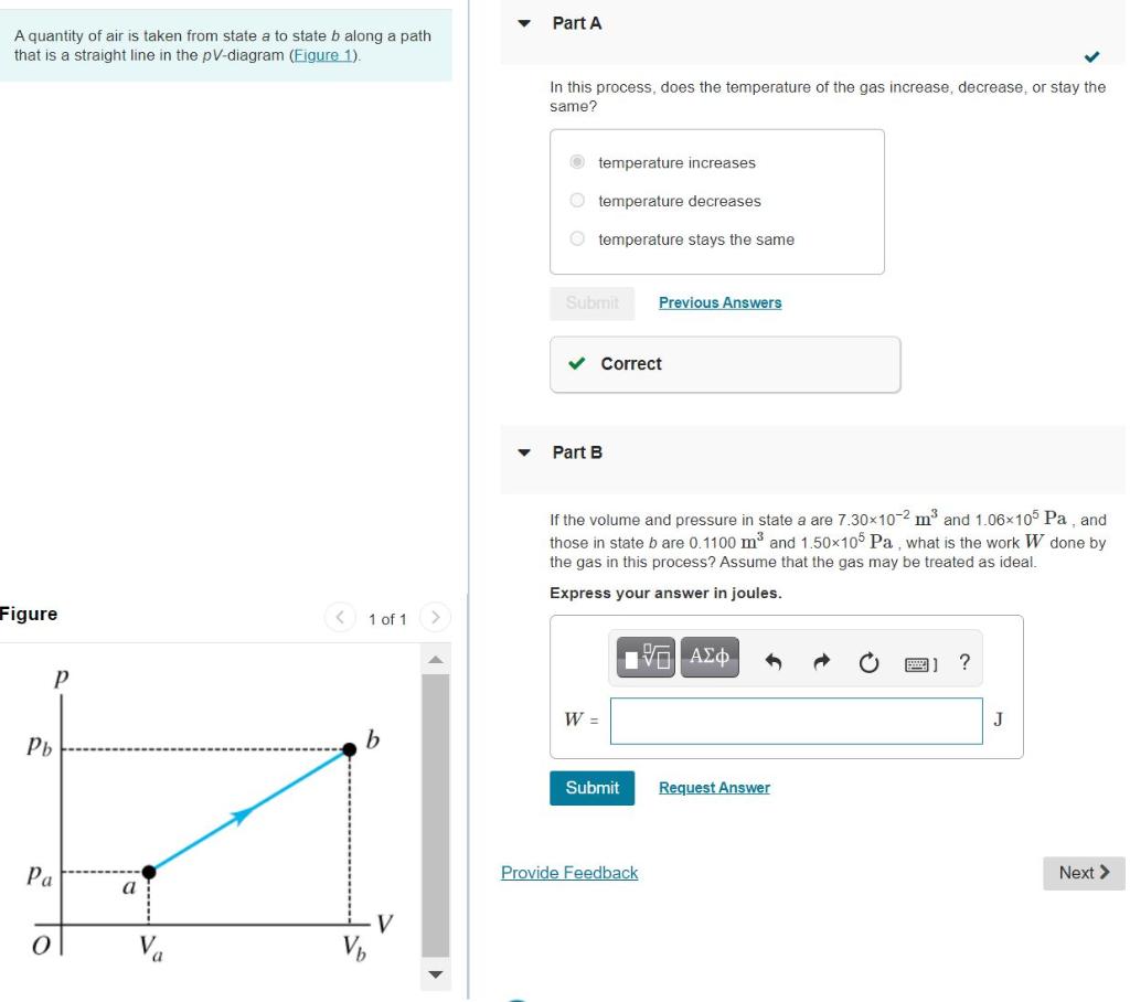 Part A A Quantity Of Air Is Taken From State A To State B Along A Path That Is A Straight Line In The Pv Diagram Figure 1