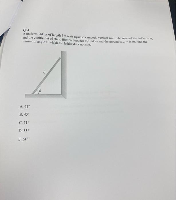 004 A Uniform Ladder Of Length 5m Rests Against A Smooth Vertical Wall The Mass Of The Ladder Is M And The Coefficien 1