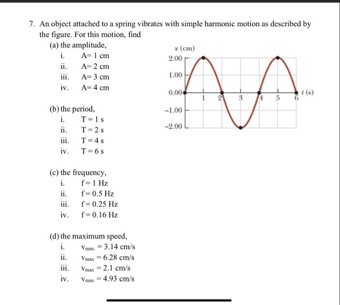 7 An Object Attached To A Spring Vibrates With Simple Harmonic Motion As Described By The Figure For This Motion Find 1