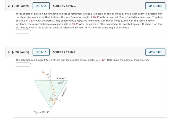 2 20 Points Details Sercp7 22 P 026 My Notes Three Sheets Of Plastic Have Unknown Indices Of Refraction Sheet 1 I 1