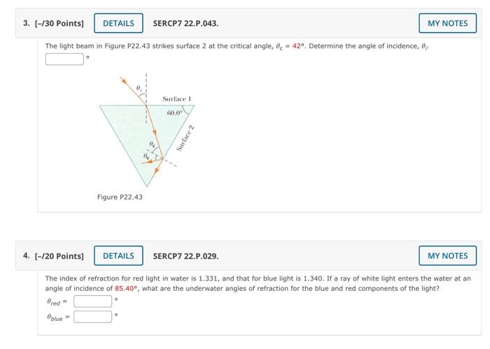 3 30 Points Details Sercp7 22 P 043 My Notes The Light Beam In Figure P22 43 Strikes Surface 2 At The Critical Ang 1
