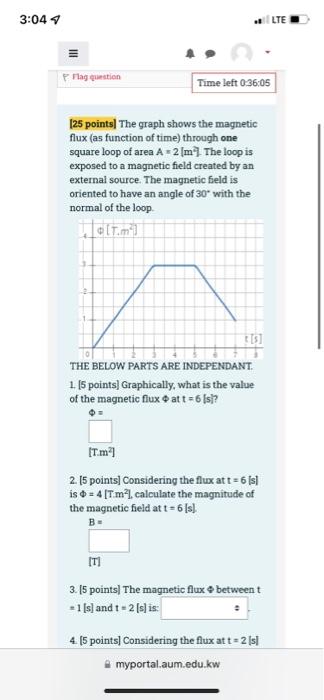 3 04 7 Lte Iii Pag Question Time Left 0 36 05 125 Points The Graph Shows The Magnetic Flux As Function Of Time Throug 1