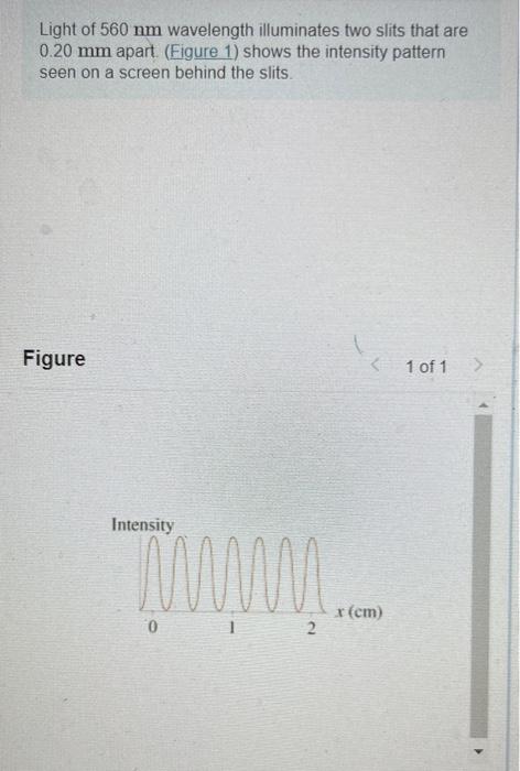 Light Of 560 Nm Wavelength Illuminates Two Slits That Are 0 20 Mm Apart Eigure 1 Shows The Intensity Pattern Seen On A 1