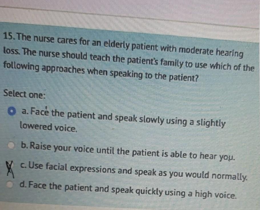 15 The Nurse Cares For An Elderly Patient With Moderate Hearing Loss The Nurse Should Teach The Patient S Family To Us 1