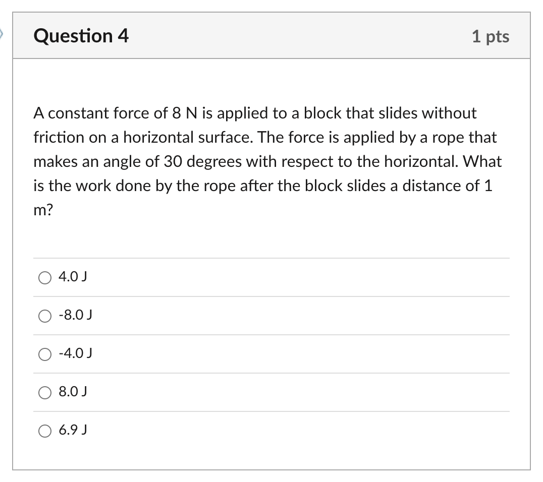 Question 4 Pts A Constant Force Of 8 N Is Applied To A Block That Slides Without Friction On A Horizontal Surface The F 1