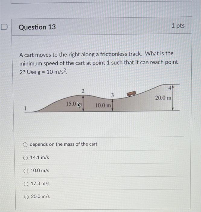 Question 13 1 Pts A Cart Moves To The Right Along A Frictionless Track What Is The Minimum Speed Of The Cart At Point 1 1