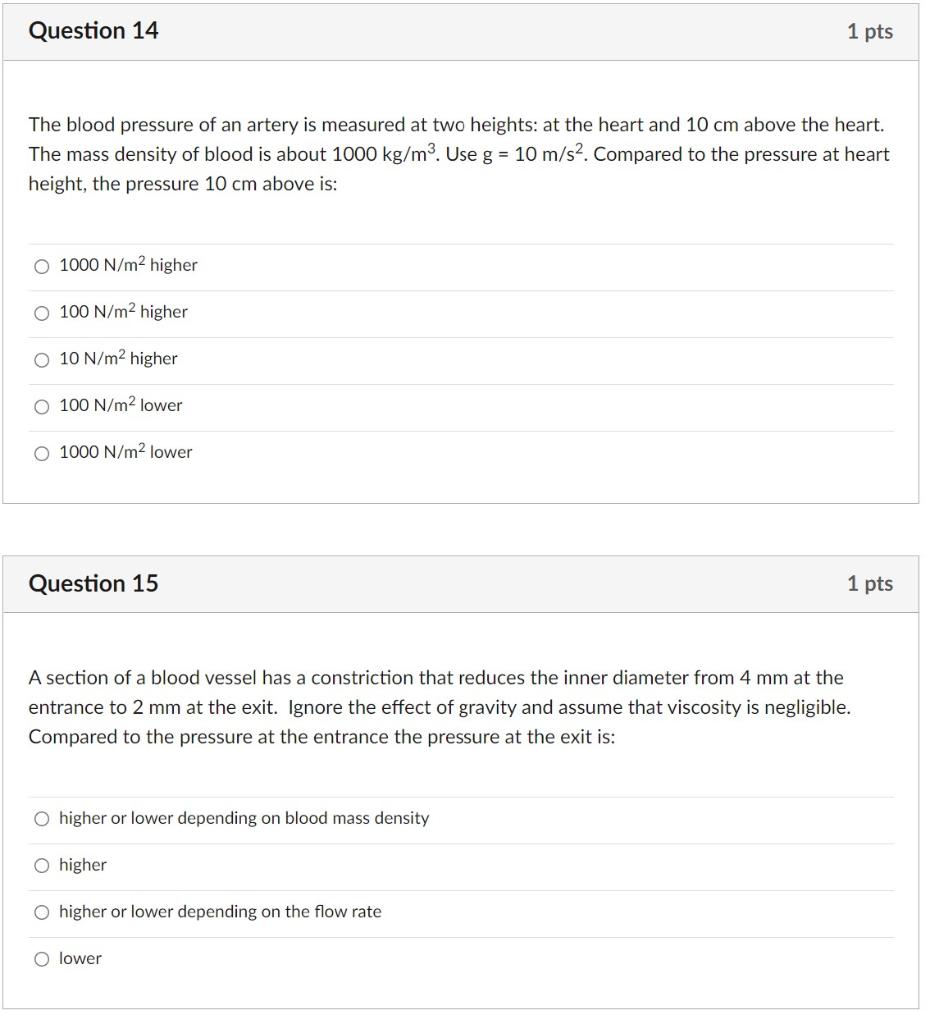 Question 14 1 Pts The Blood Pressure Of An Artery Is Measured At Two Heights At The Heart And 10 Cm Above The Heart Th 1