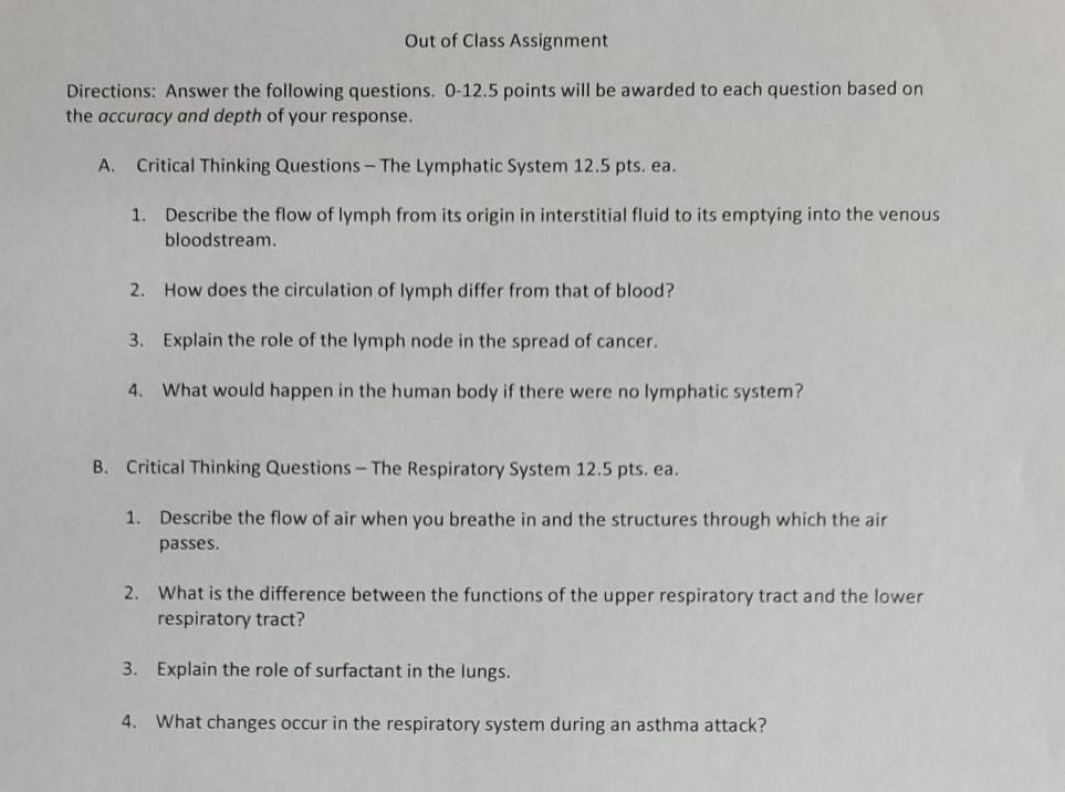 Out Of Class Assignment Directions Answer The Following Questions 0 12 5 Points Will Be Awarded To Each Question Based 1