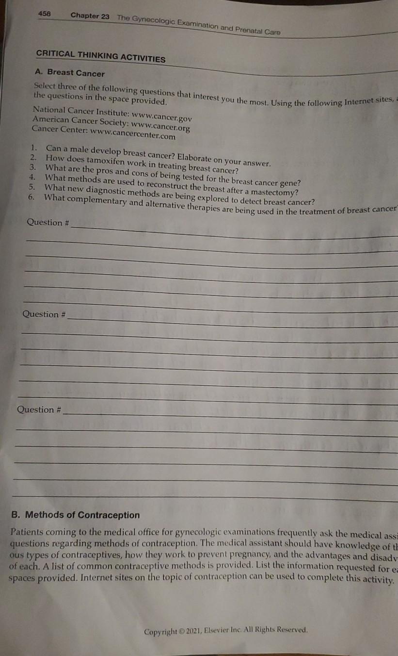 458 Chapter 23 The Gynecologic Examination And Prenatal Care Critical Thinking Activities A Breast Cancer Select Three 1