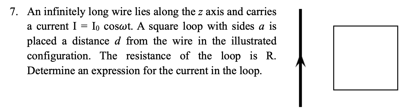 7 An Infinitely Long Wire Lies Along The Z Axis And Carries A Current I Io Coswt A Square Loop With Sides A Is Placed 1