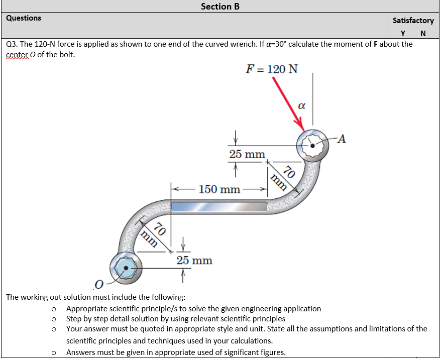 Section B Questions Satisfactory Y N Q3 The 120 N Force Is Applied As Shown To One End Of The Curved Wrench If A 30 C 1