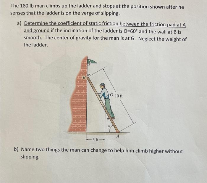 The 180 Lb Man Climbs Up The Ladder And Stops At The Position Shown After He Senses That The Ladder Is On The Verge Of S 1