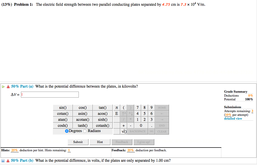 13 Problem 1 The Electric Field Strength Between Two Parallel Conducting Plates Separated By 4 75 Cm Is 7 3 X 104 V 1