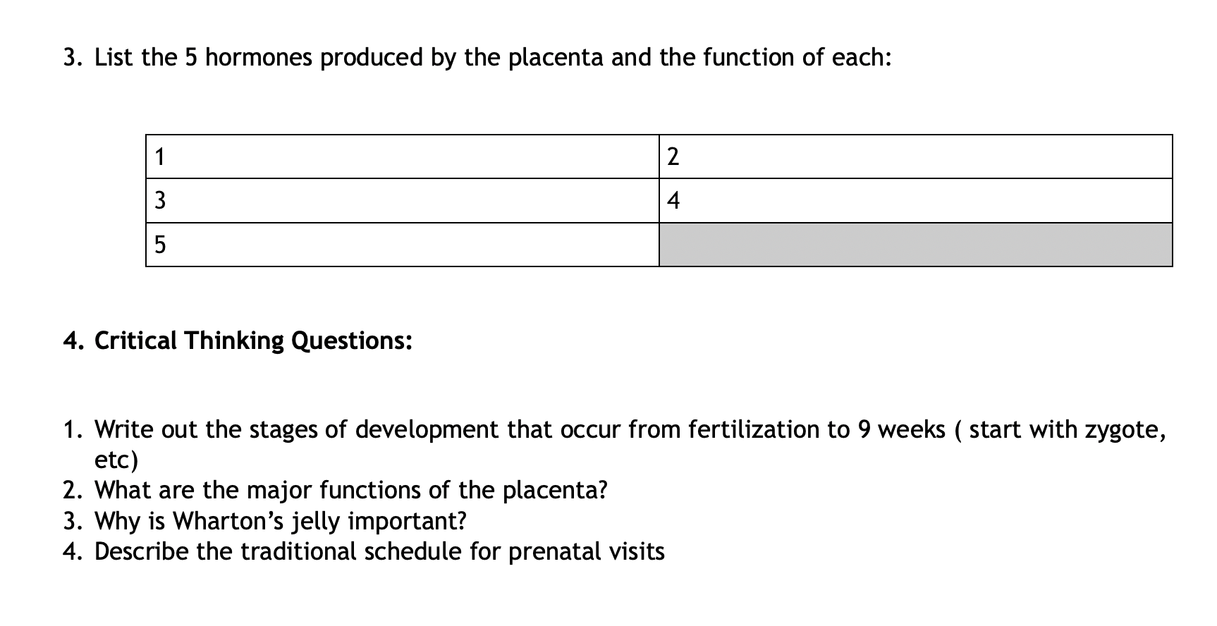 3 List The 5 Hormones Produced By The Placenta And The Function Of Each 1 2 3 4 5 4 Critical Thinking Questions 1 W 1