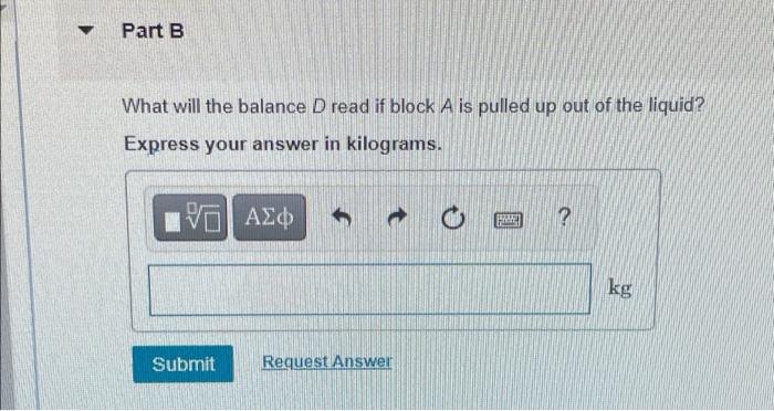 Block A In The Figure Figure 1 Hangs By A Cord From Spring Balance D And Is Submerged In A Liquid C Contained In Beake 3