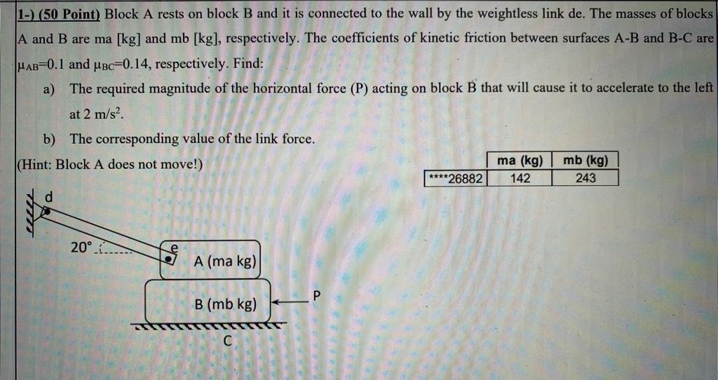 1 50 Point Block A Rests On Block B And It Is Connected To The Wall By The Weightless Link De The Masses Of Blocks 1