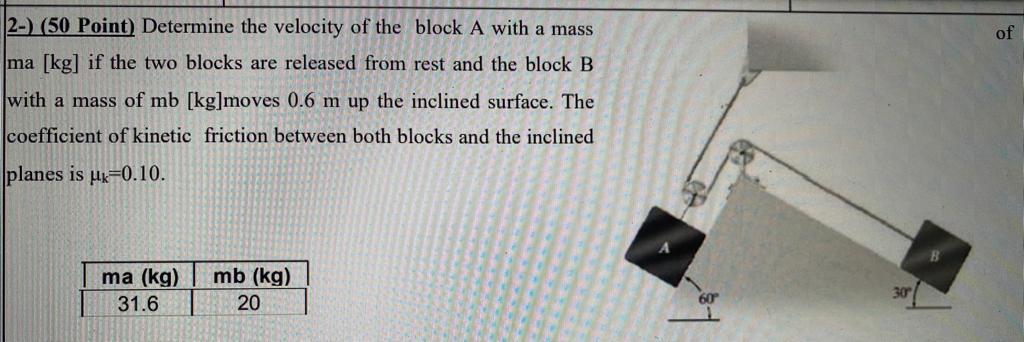 Of 2 50 Point Determine The Velocity Of The Block A With A Mass Ma Kg If The Two Blocks Are Released From Rest And 1