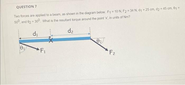 Question 7 Two Forces Are Applied To A Beam As Shown In The Diagram Below F1 10 N F2 34 N Dy 25 Cm D2 45 Cm 1