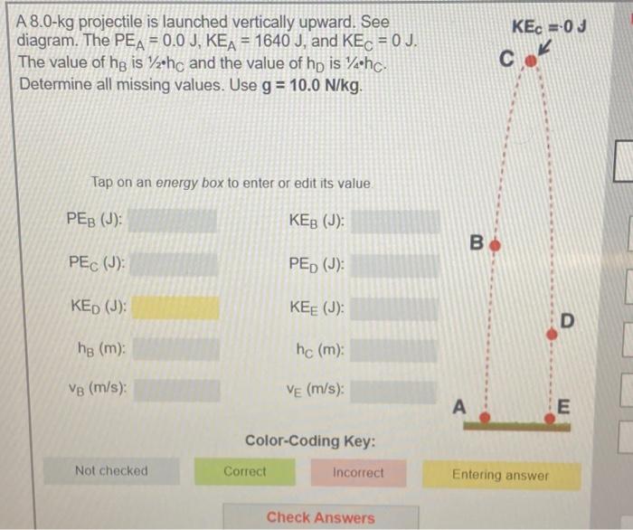 A 8 0 Kg Projectile Is Launched Vertically Upward See Diagram The Pea 0 0 J Kea 1640 J And Kec 0 J The Value 1