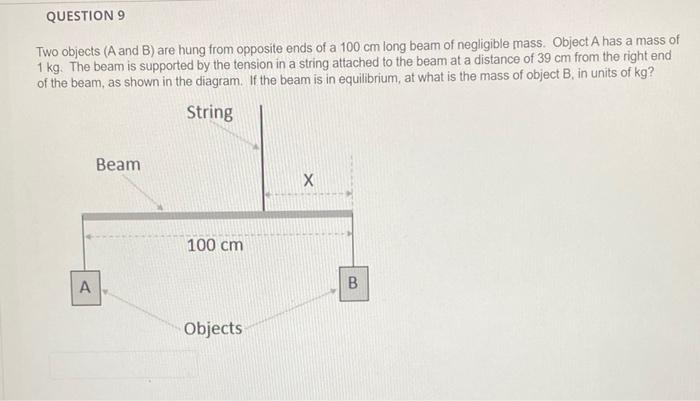 Question 9 Two Objects A And B Are Hung From Opposite Ends Of A 100 Cm Long Beam Of Negligible Mass Object A Has A Ma 1