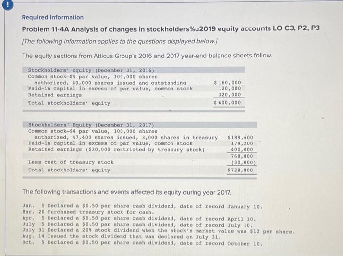 Required Information Problem 11 4a Analysis Of Changes In Stockholders U2019 Equity Accounts Lo C3 P2 P3 The Followi 1