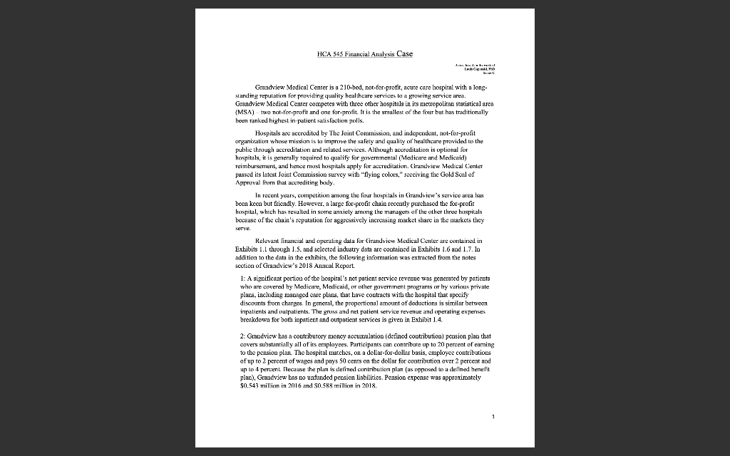 Hca 545 Financial Analysis Case Anarke Le Grandview Medical Center Is A 210 Bed Not For Profit Acute Care Hospital Wit 1