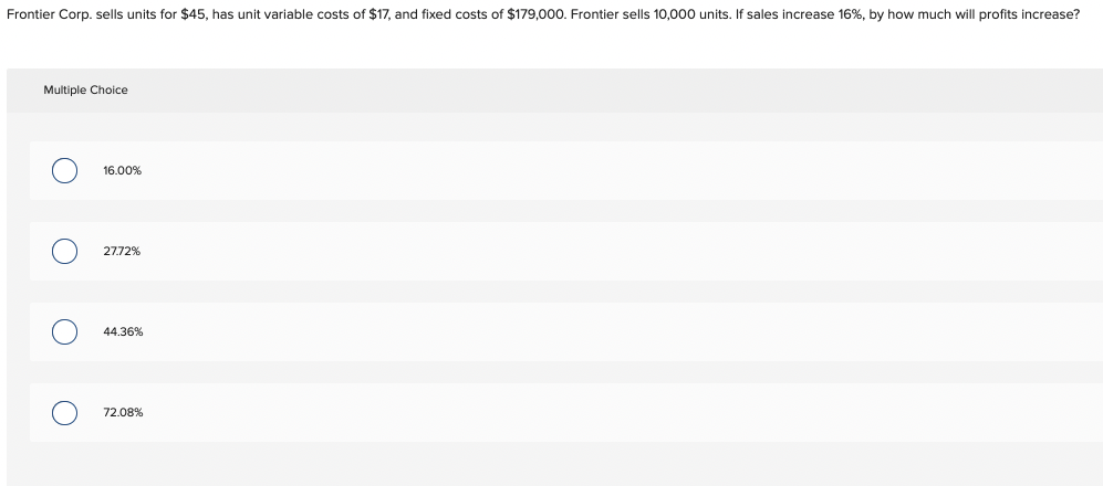 Frontier Corp Sells Units For 45 Has Unit Variable Costs Of 17 And Fixed Costs Of 179 000 Frontier Sells 10 000 U 1