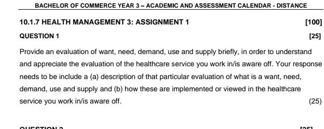 Bachelor Of Commerce Year 3 Academic And Assessment Calendar Distance 10 1 7 Health Management 3 Assignment 1 100 1