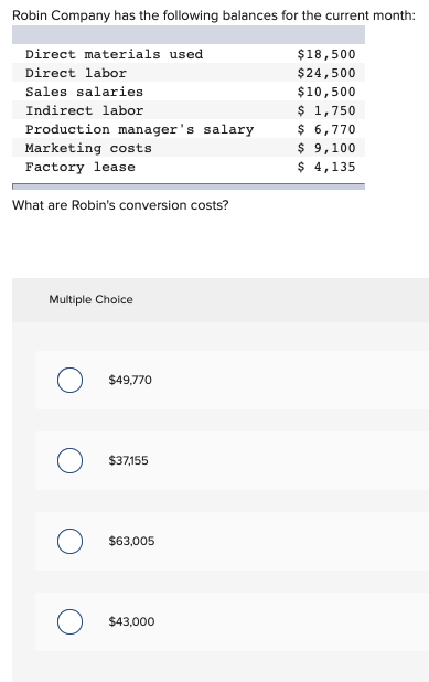 Robin Company Has The Following Balances For The Current Month Direct Materials Used 18 500 Direct Labor 24 500 Sales 1