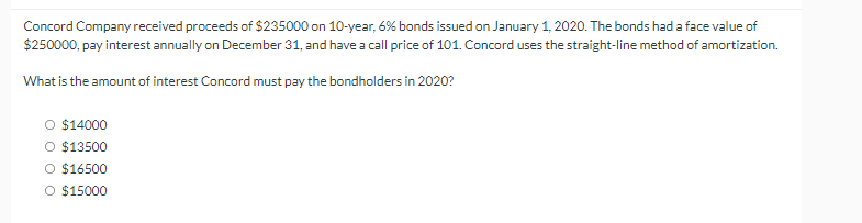 Concord Company Received Proceeds Of 235000 On 10 Year 6 Bonds Issued On January 1 2020 The Bonds Had A Face Value 1