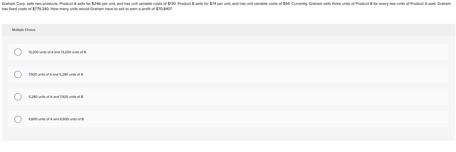 Graham Corp Sells Two Products Product A Sells For 246 Per Unit And Has Unit Variable Costs Of 130 Product B Sells 1