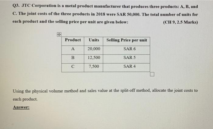 Q3 Jtc Corporation Is A Metal Product Manufacturer That Produces Three Products A B And C The Joint Costs Of The Th 1