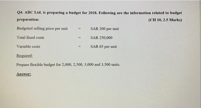 Q4 Abc Ltd Is Preparing A Budget For 2018 Following Are The Information Related To Budget Preparation Ch 10 2 5 Ma 1