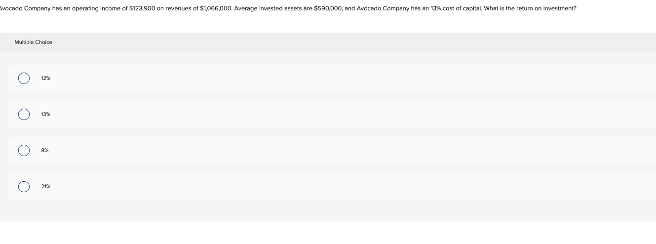 Avocado Company Has An Operating Income Of 123 900 On Revenues Of 1 066 000 Average Invested Assets Are 590 000 And 1