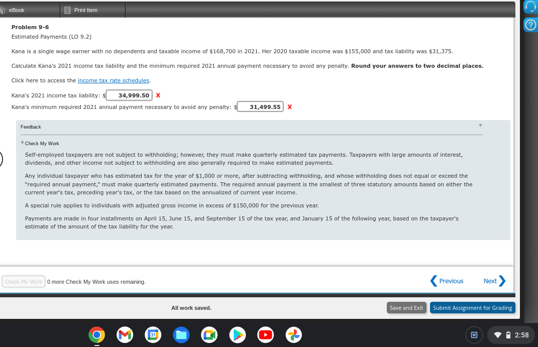 Ebook Print Item Problem 9 6 Estimated Payments Lo 9 2 Kana Is A Single Wage Earner With No Dependents And Taxable Inc 1