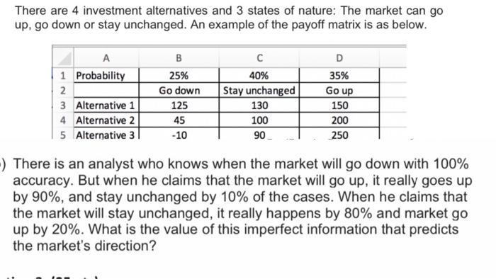 There Are 4 Investment Alternatives And 3 States Of Nature The Market Can Go Up Go Down Or Stay Unchanged An Example 1