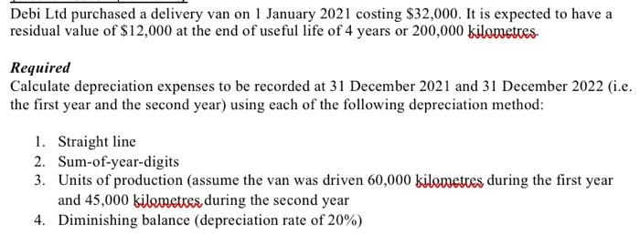 Debi Ltd Purchased A Delivery Van On 1 January 2021 Costing 32 000 It Is Expected To Have A Residual Value Of 12 000 1