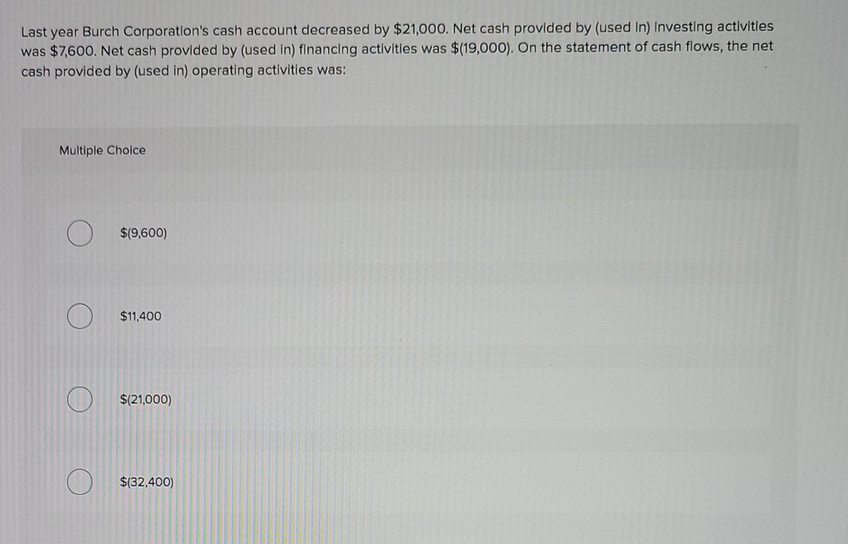 Last Year Burch Corporation S Cash Account Decreased By 21 000 Net Cash Provided By Used In Investing Activities Was 1