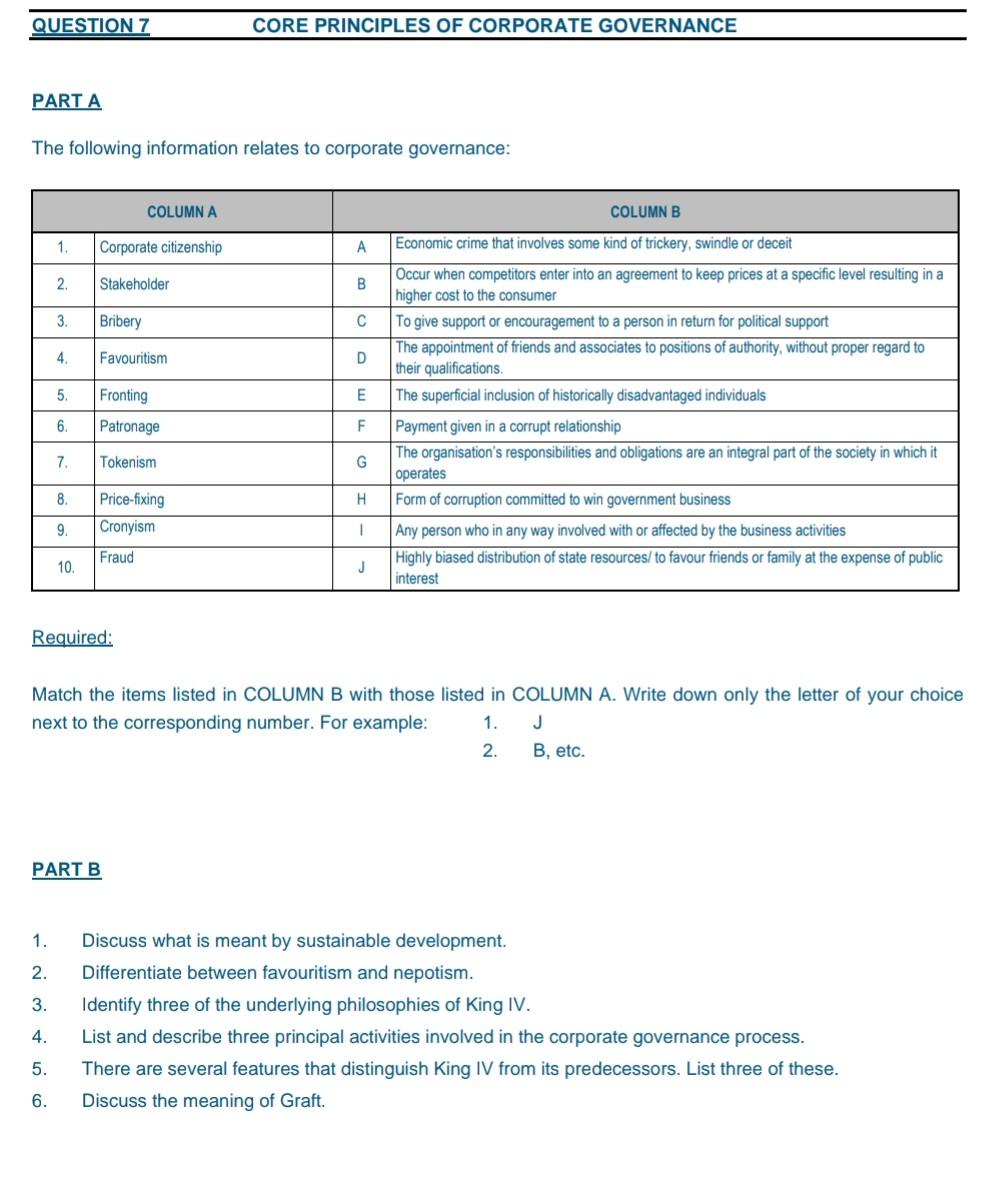 Question 7 Core Principles Of Corporate Governance Part A The Following Information Relates To Corporate Governance Col 1