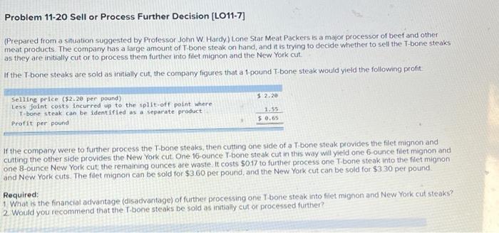 Problem 11 20 Sell Or Process Further Decision Lo11 7 Prepared From A Situation Suggested By Professor John W Hardy 1