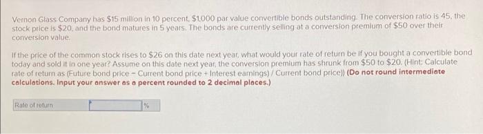 Vernon Glass Company Has 15 Million In 10 Percent 1 000 Par Value Convertible Bonds Outstanding The Conversion Ratio 1