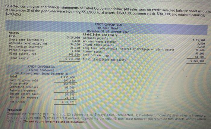 Selected Current Year End Financial Statements Of Cabot Corporation Follow All Sales Were On Credit Selected Balance 1