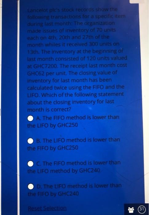 Lancelot Pic S Stock Records Show The Following Transactions For A Specific Item During Last Month The Organization Mad 1
