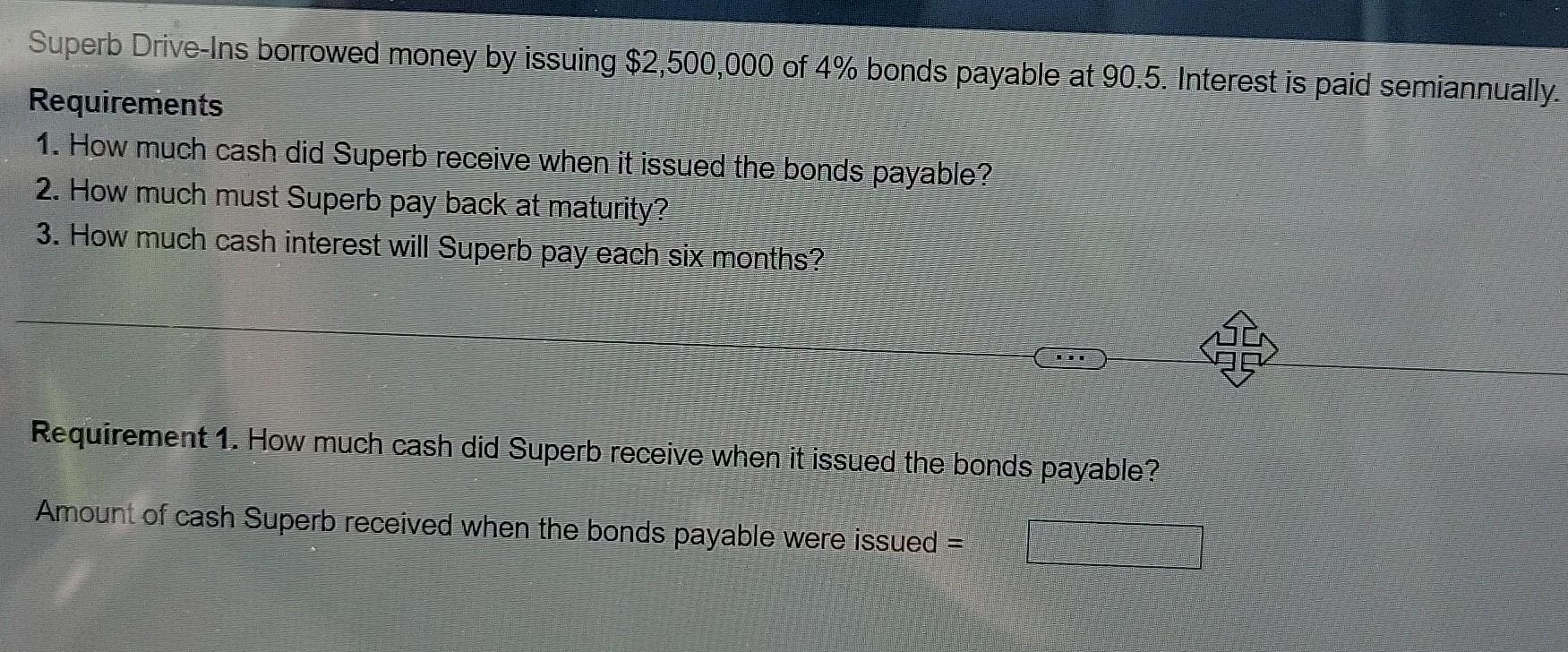 Superb Drive Ins Borrowed Money By Issuing 2 500 000 Of 4 Bonds Payable At 90 5 Interest Is Paid Semiannually Requir 1