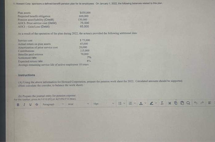 Question 1 1 Howard Cop Sponeos A Defined Benefit Pension Plan Tor S Employees On January 1 252 The Tong Bah 450 000 2