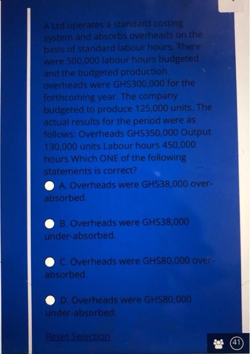 A Ltd Operates A Standard Costing System And Absorbs Overheads On The Basis Of Standard Labour Hours There Were 500 000 1