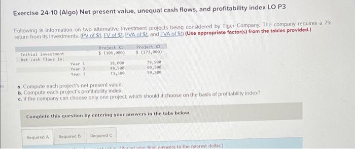 Exercise 24 10 Algo Net Present Value Unequal Cash Flows And Profitability Index Lo P3 Following Is Information On T 1
