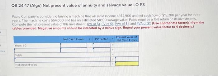 Ces Qs 24 17 Algo Net Present Value Of Annuity And Salvage Value Lo P3 Pablo Company Is Considering Buying A Machine T 1