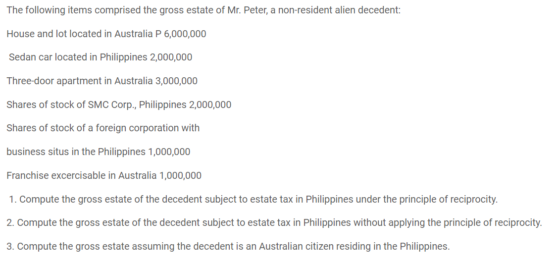The Following Items Comprised The Gross Estate Of Mr Peter A Non Resident Alien Decedent House And Lot Located In Aus 1