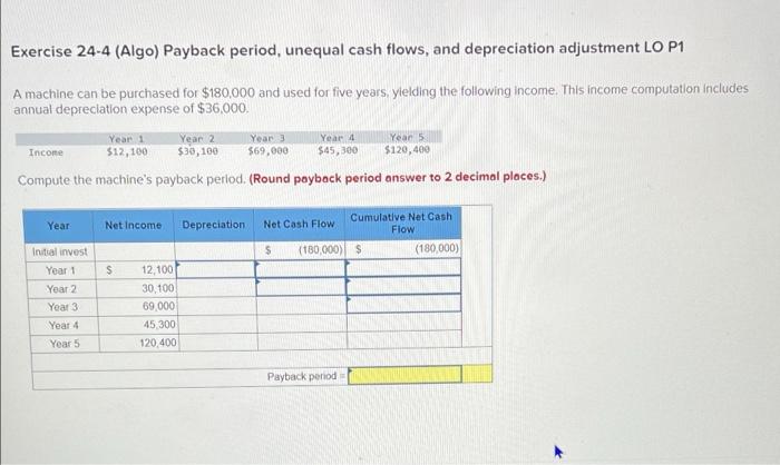 Exercise 24 4 Algo Payback Period Unequal Cash Flows And Depreciation Adjustment Lo P1 A Machine Can Be Purchased Fo 1